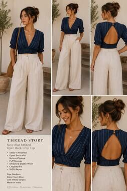 Thread Story Navy Blue Striped Deep V Crop Top M Open Back Rayon Boho Cottage